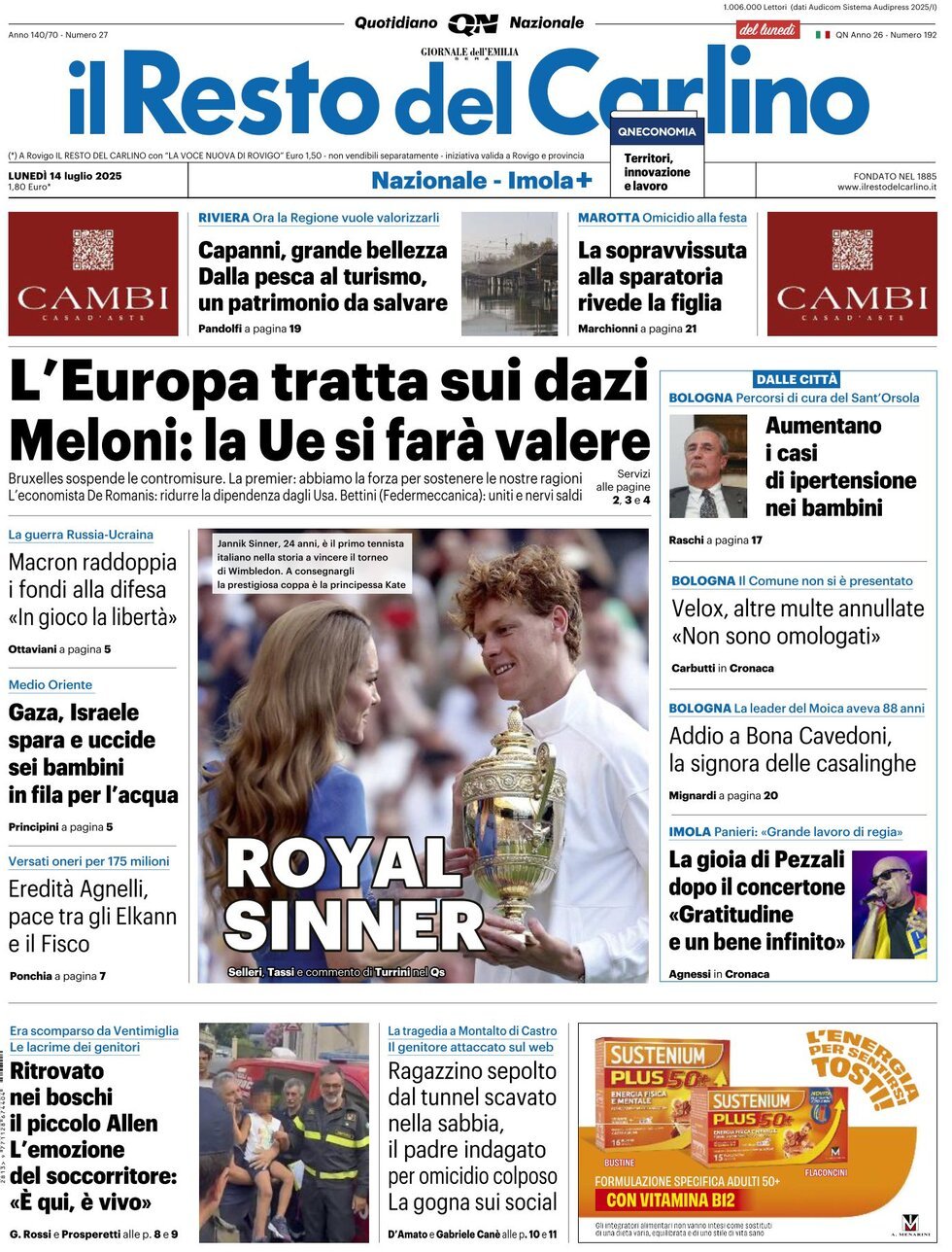 prima pagina - Il Resto del Carlino del 14/07/2025