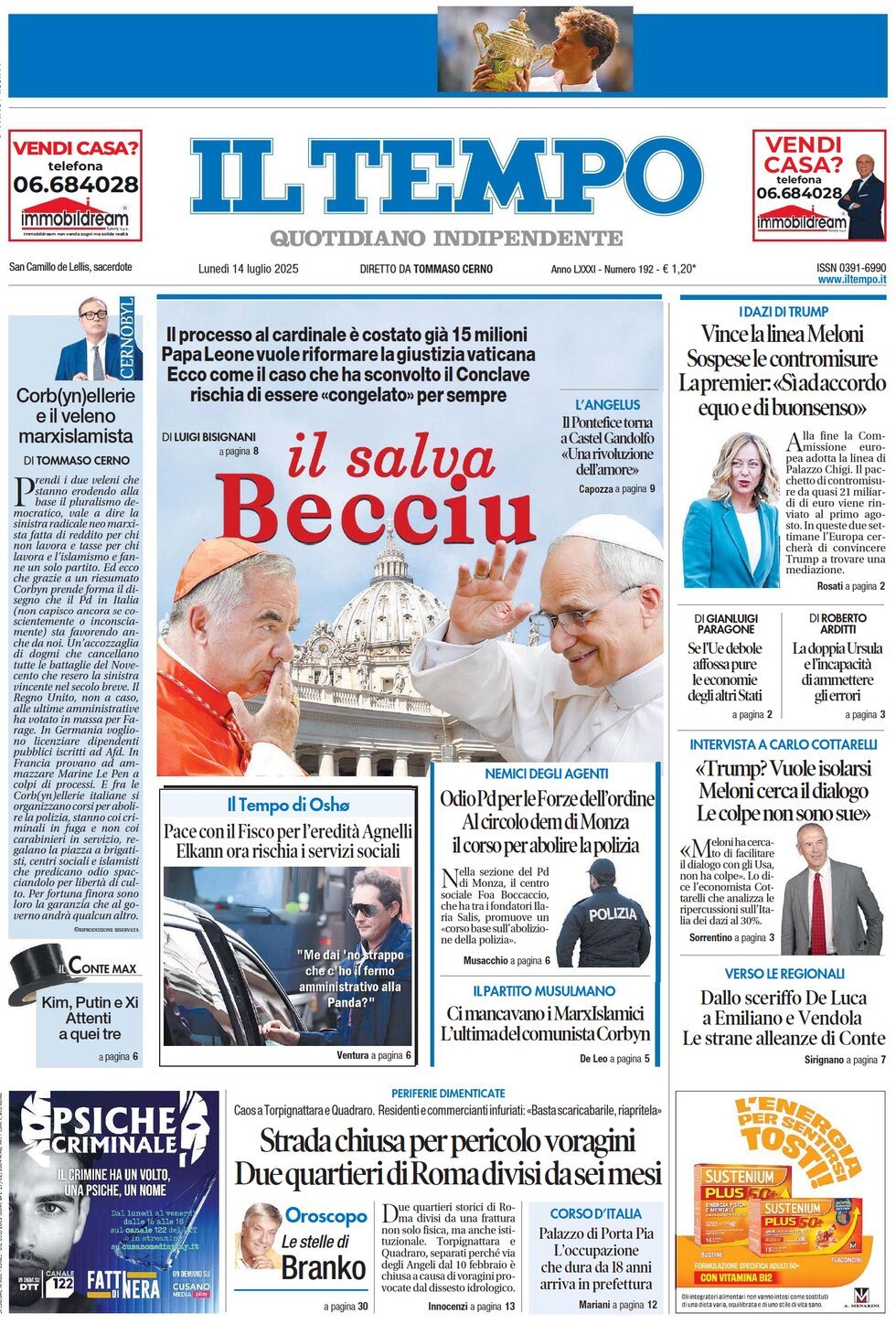 anteprima della prima pagina di il-tempo del 14/07/2025