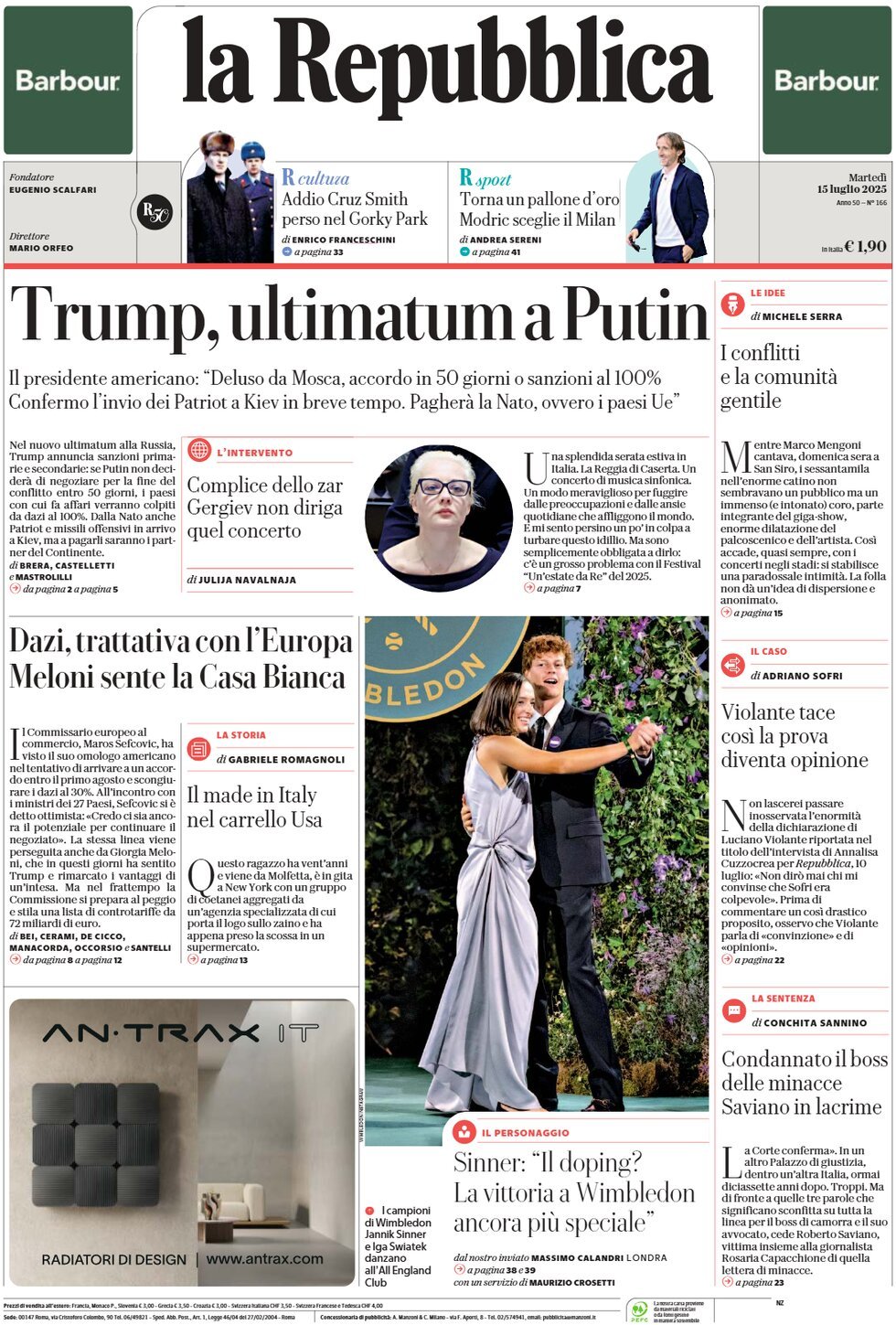 anteprima della prima pagina di La Repubblica