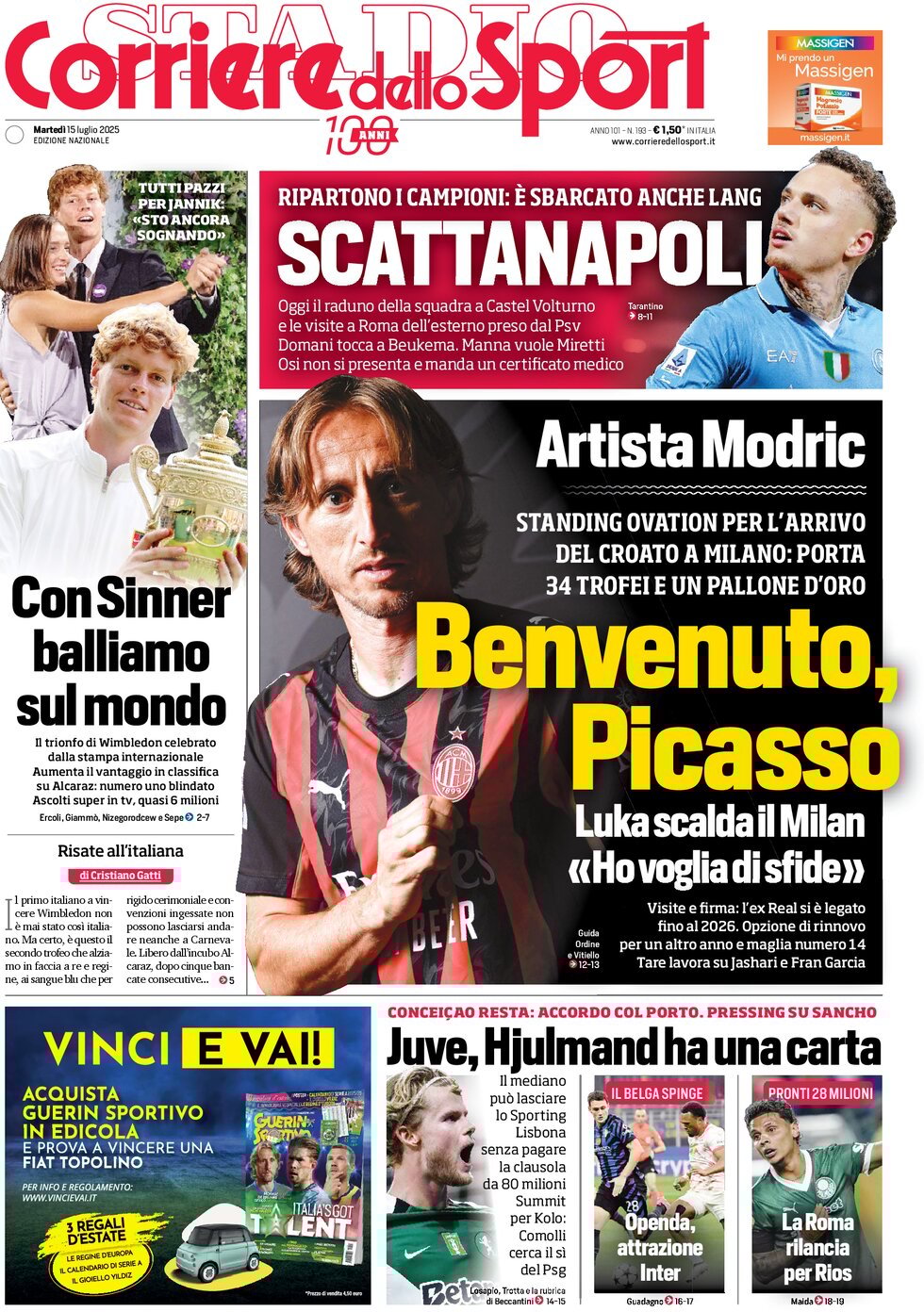 anteprima della prima pagina di corriere-dello-sport del 15/07/2025