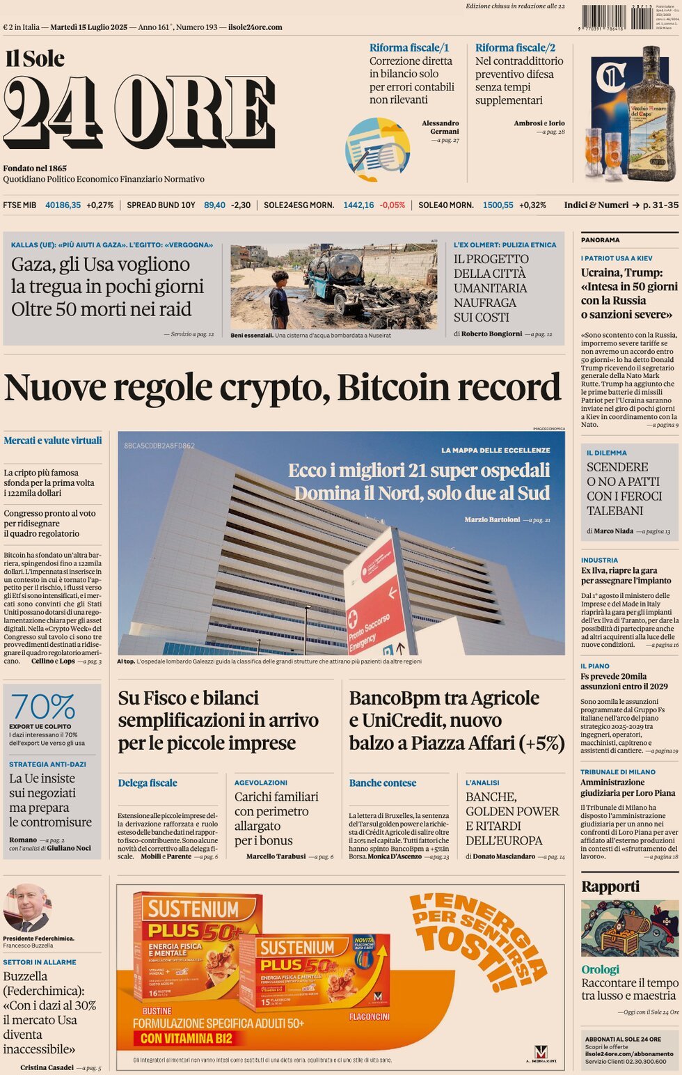 anteprima della prima pagina di Il Sole 24 Ore