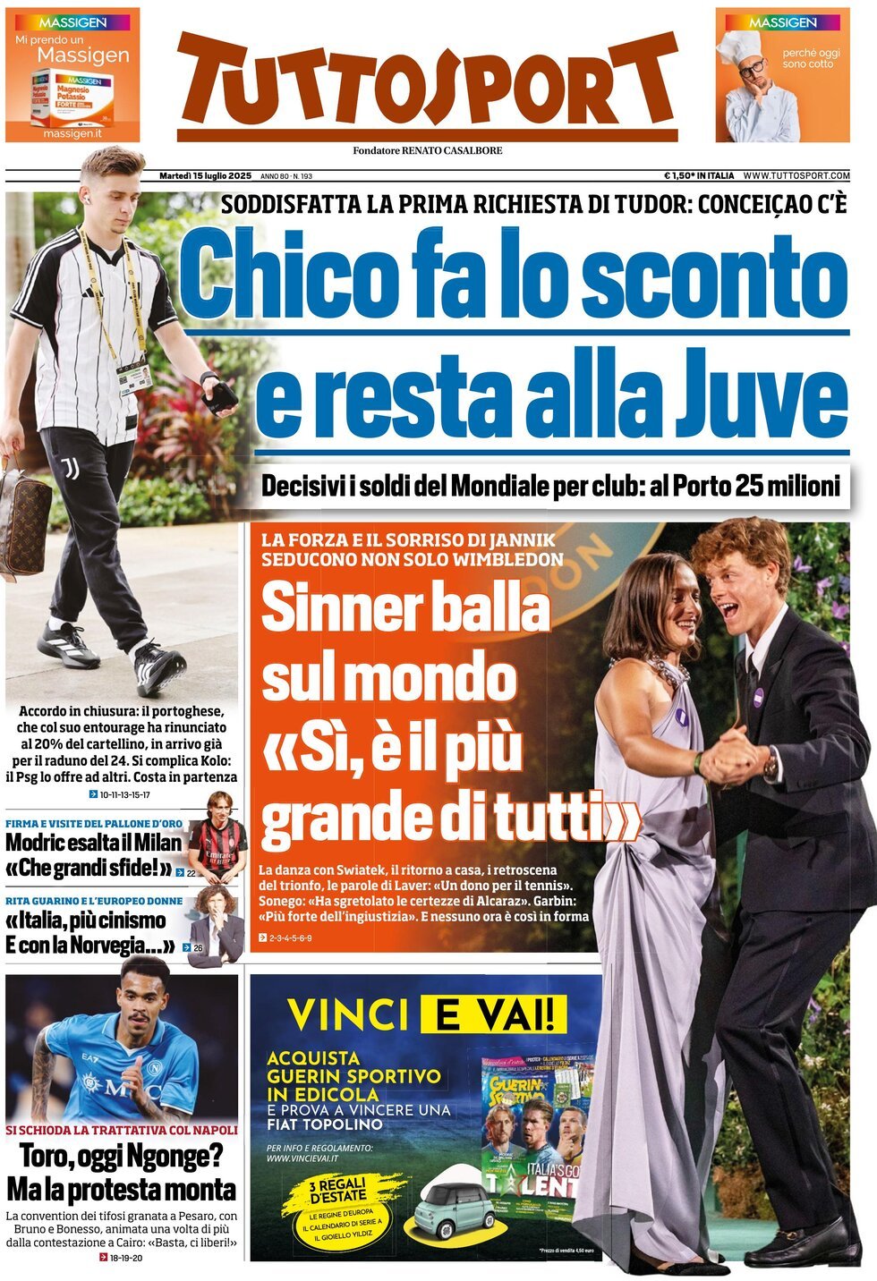 anteprima della prima pagina di tuttosport del 15/07/2025