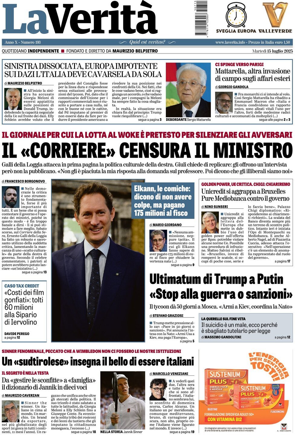 anteprima della prima pagina di La Verità