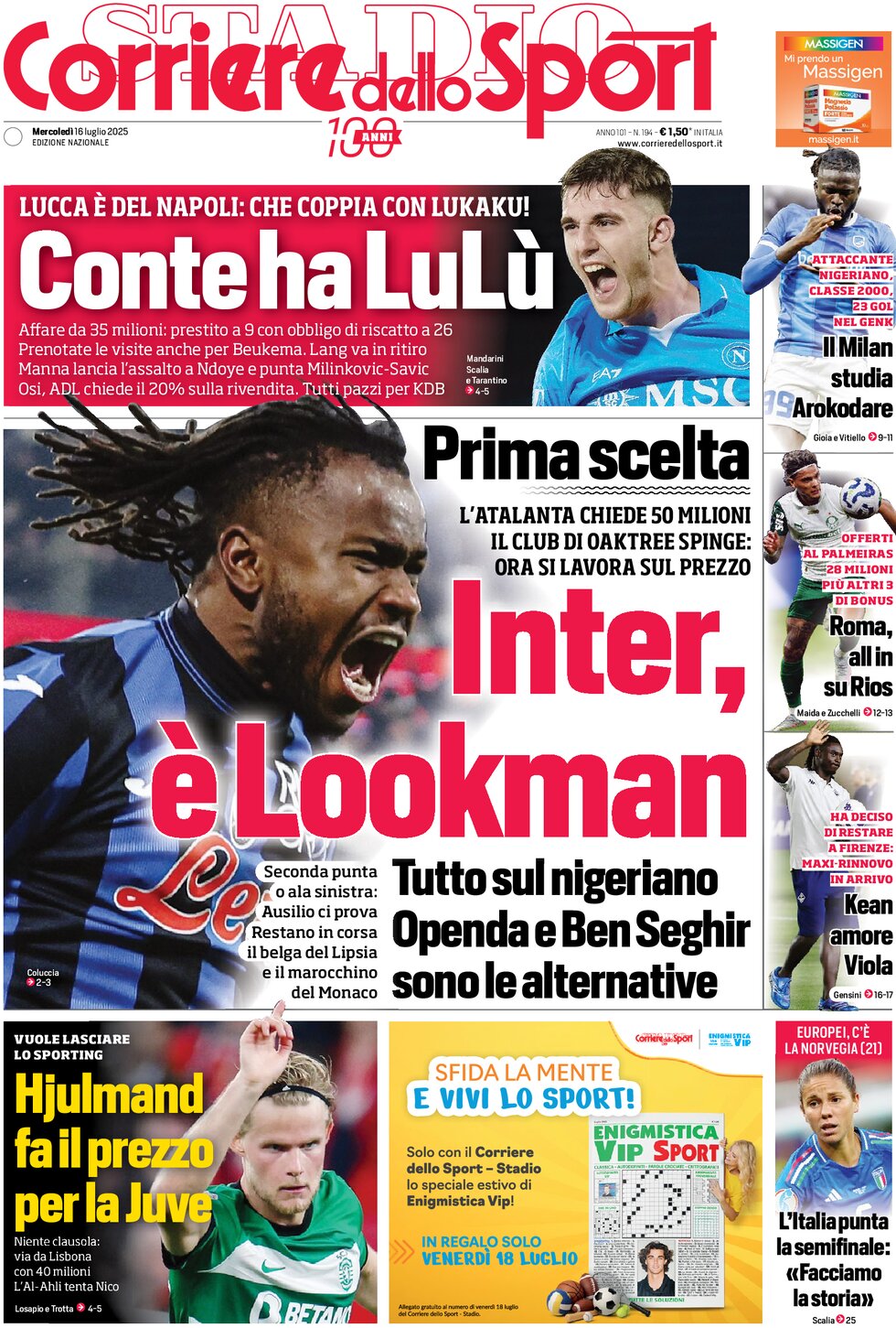 anteprima della prima pagina di corriere-dello-sport del 16/07/2025