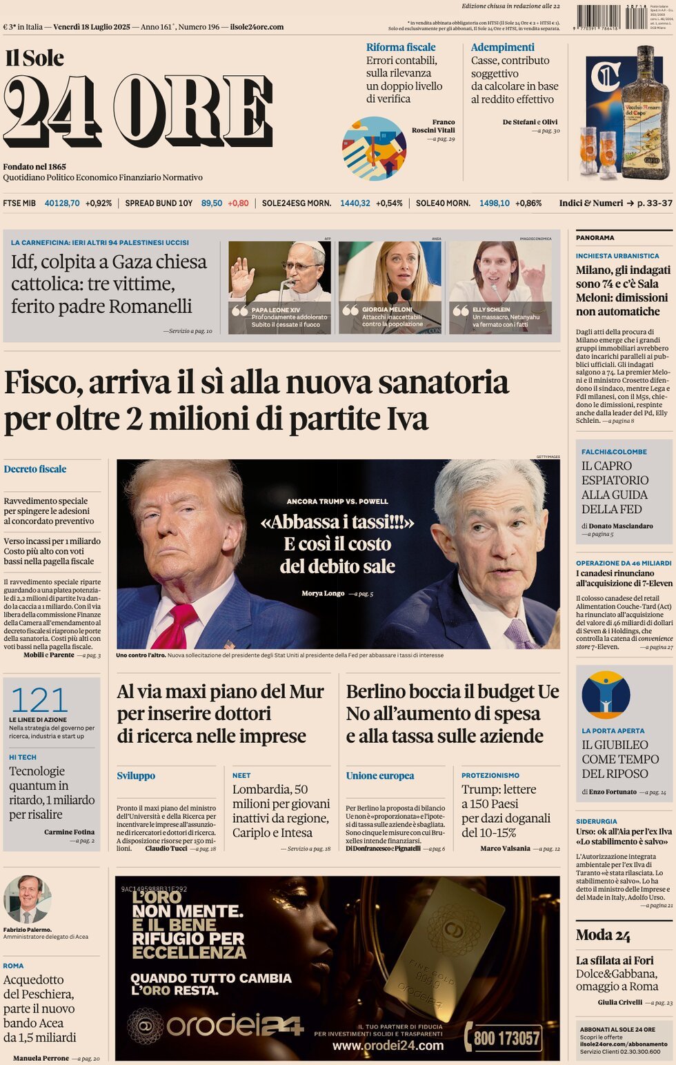 anteprima della prima pagina di Il Sole 24 Ore