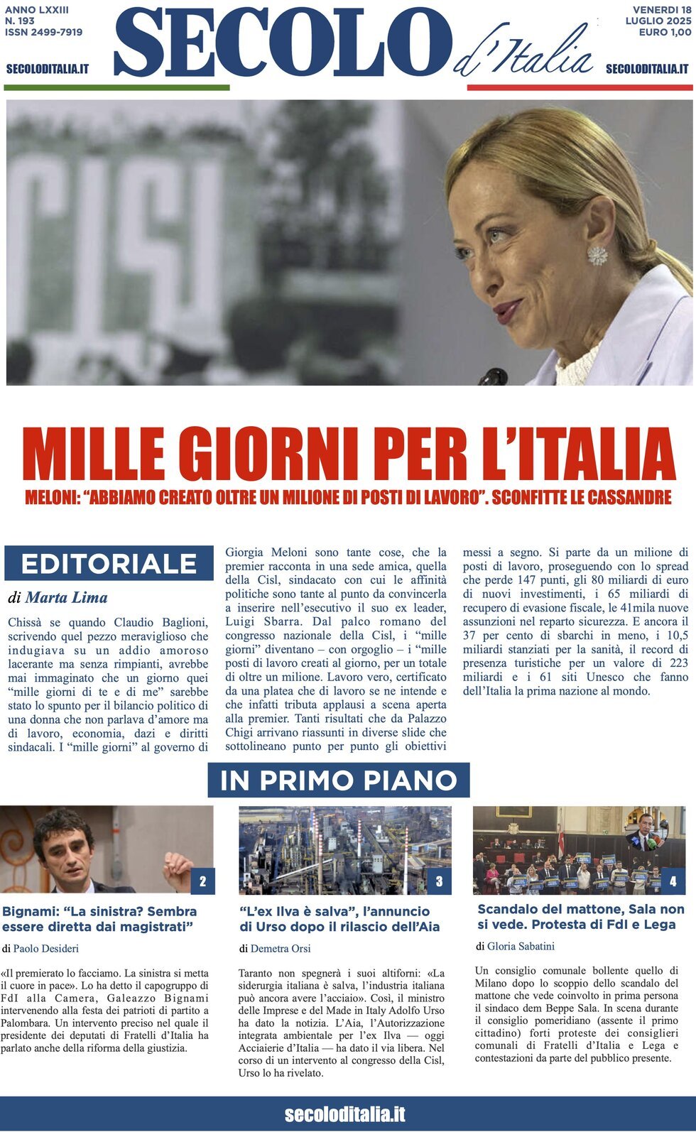 anteprima della prima pagina di Secolo d'Italia