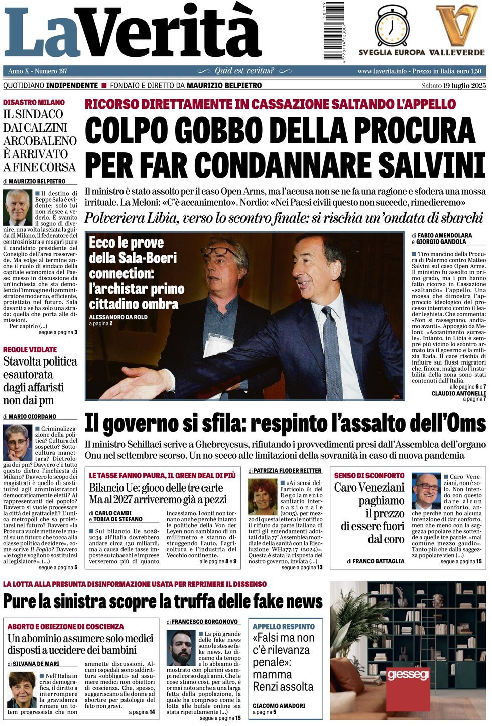 anteprima della prima pagina di la-verit del 19/07/2025