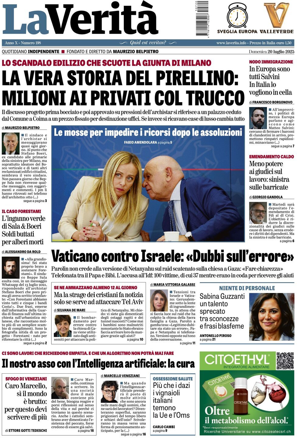anteprima della prima pagina di la-verit del 20/07/2025