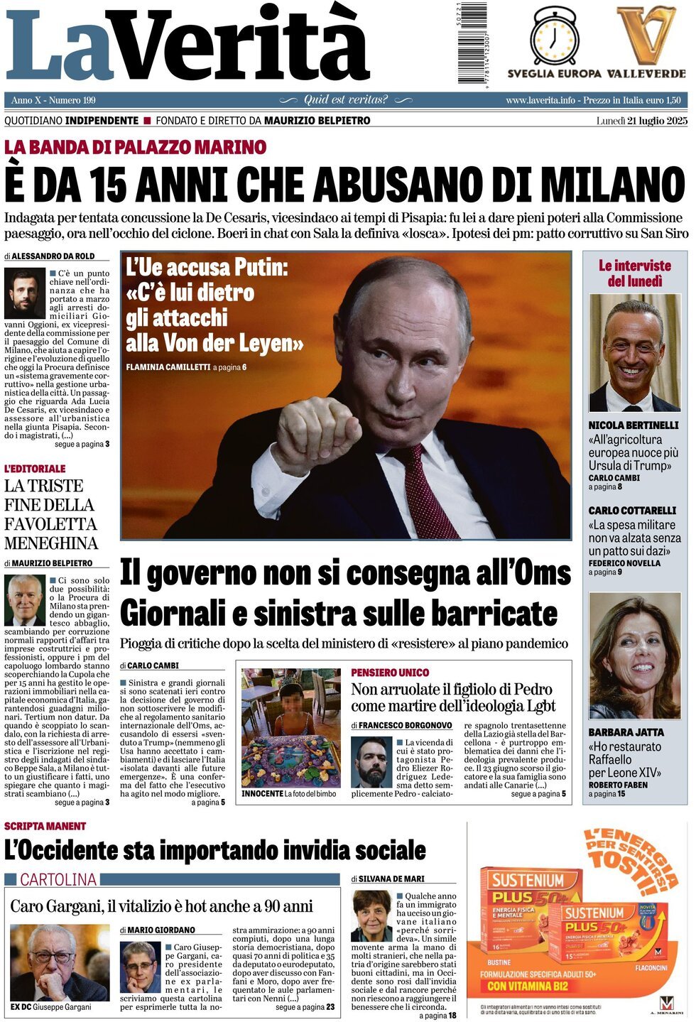 anteprima della prima pagina di la-verit del 21/07/2025