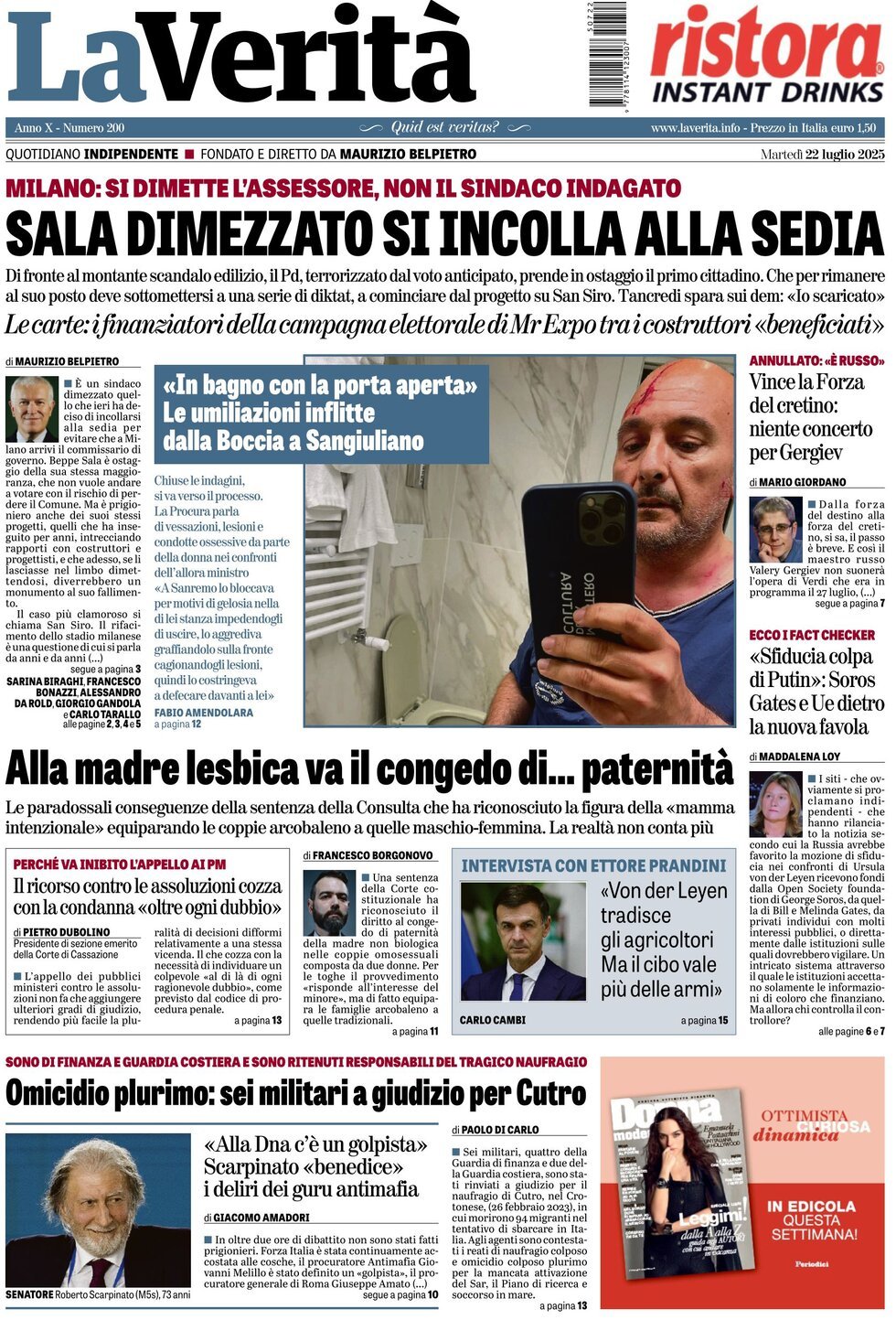 anteprima della prima pagina di la-verit del 22/07/2025