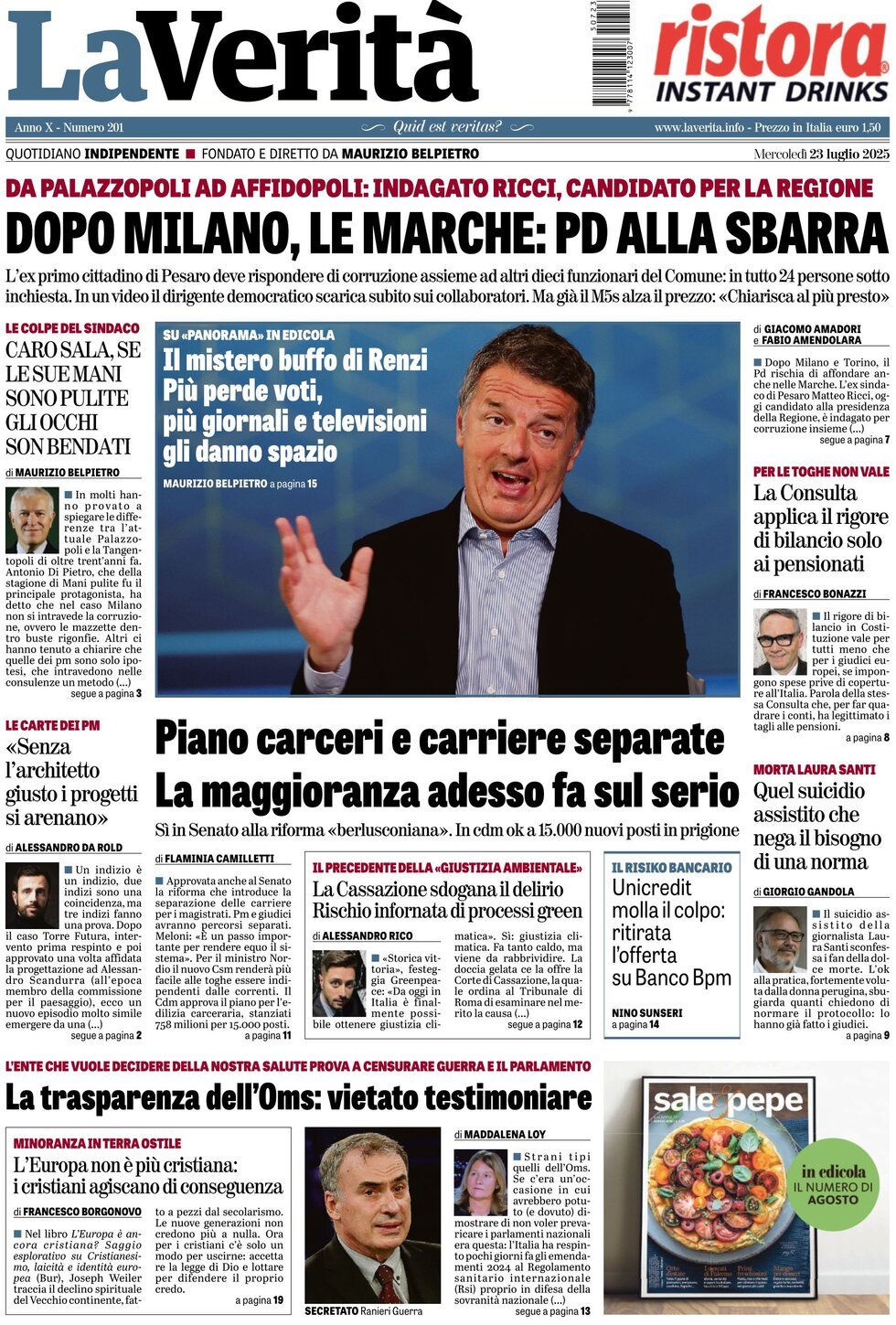 anteprima della prima pagina di la-verit del 23/07/2025