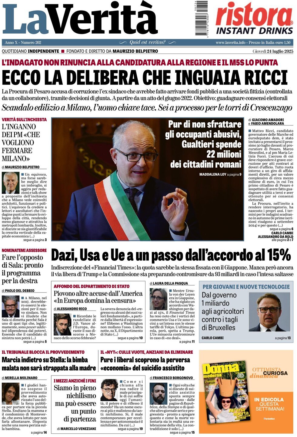 anteprima della prima pagina di la-verit del 24/07/2025