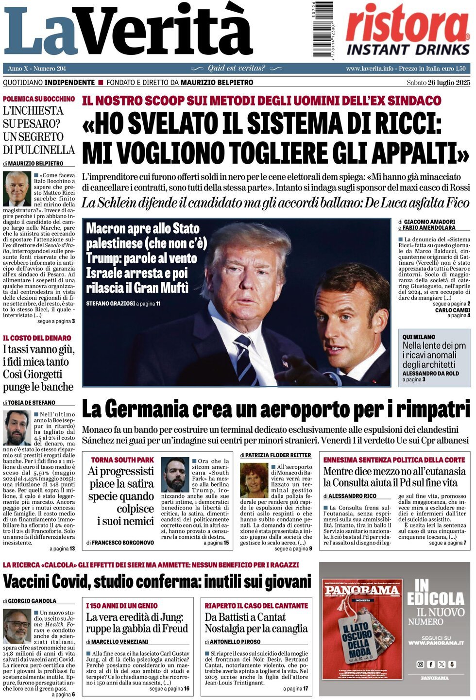 anteprima della prima pagina di la-verit del 26/07/2025