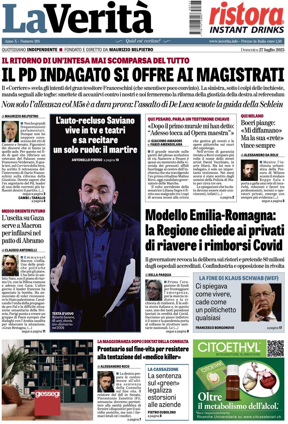 anteprima della prima pagina di la-verit del 27/07/2025