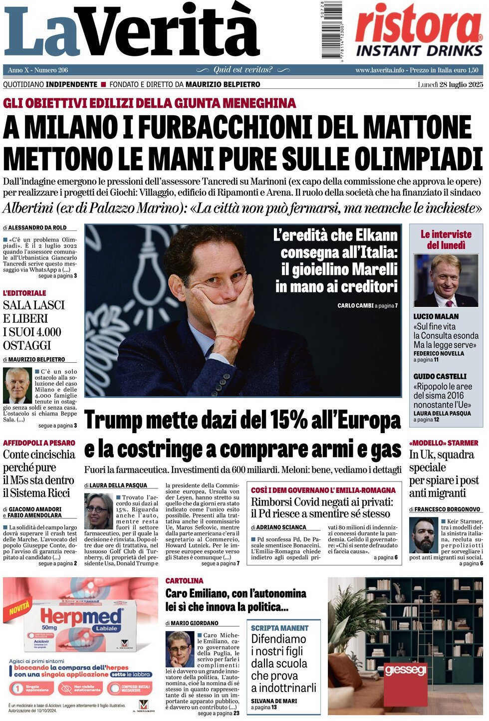 anteprima della prima pagina di la-verit del 28/07/2025