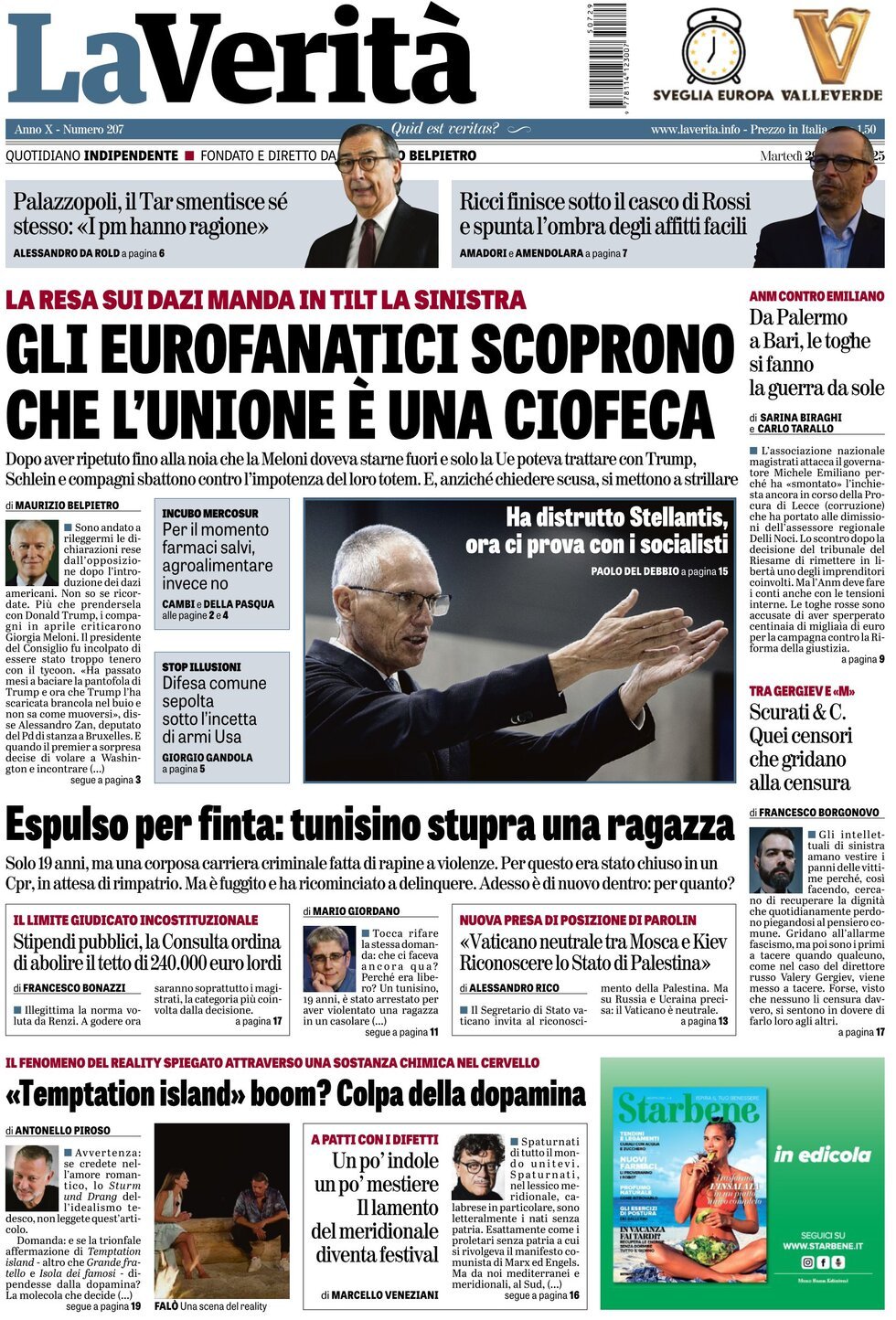 anteprima della prima pagina di la-verit del 29/07/2025