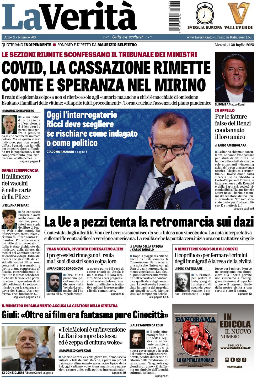 anteprima della prima pagina di la-verit del 30/07/2025