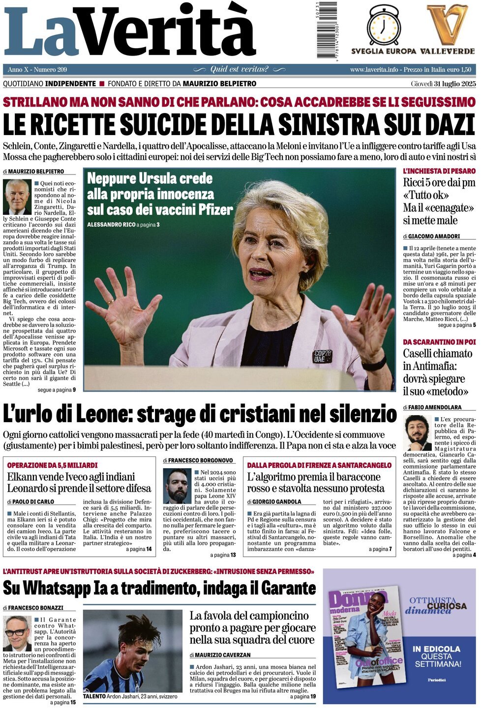 anteprima della prima pagina di la-verit del 31/07/2025