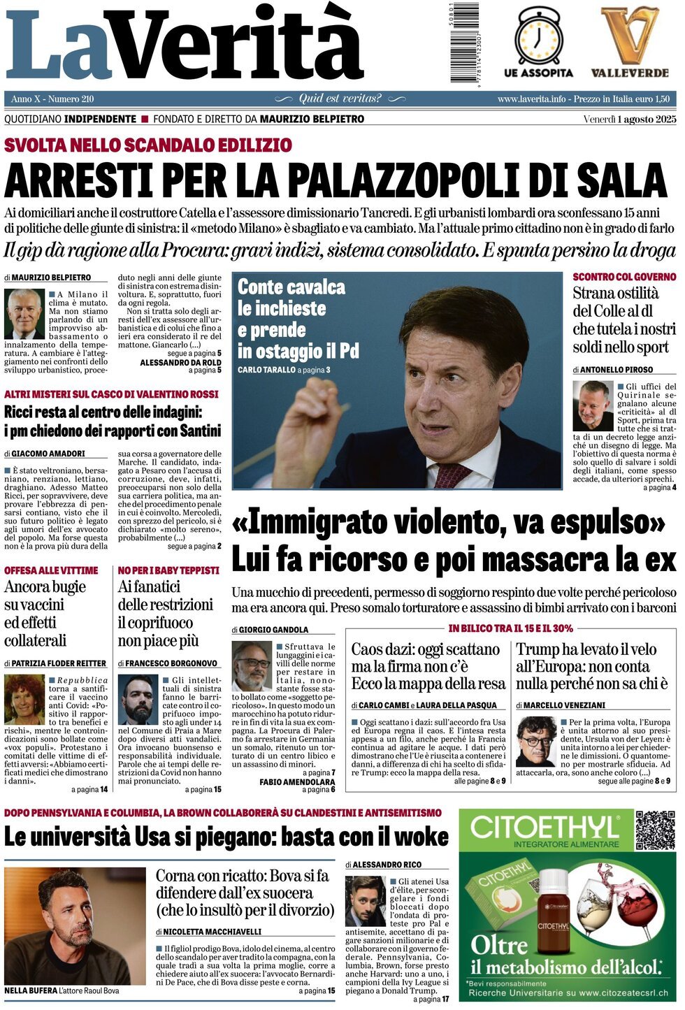anteprima della prima pagina di la-verit del 01/08/2025