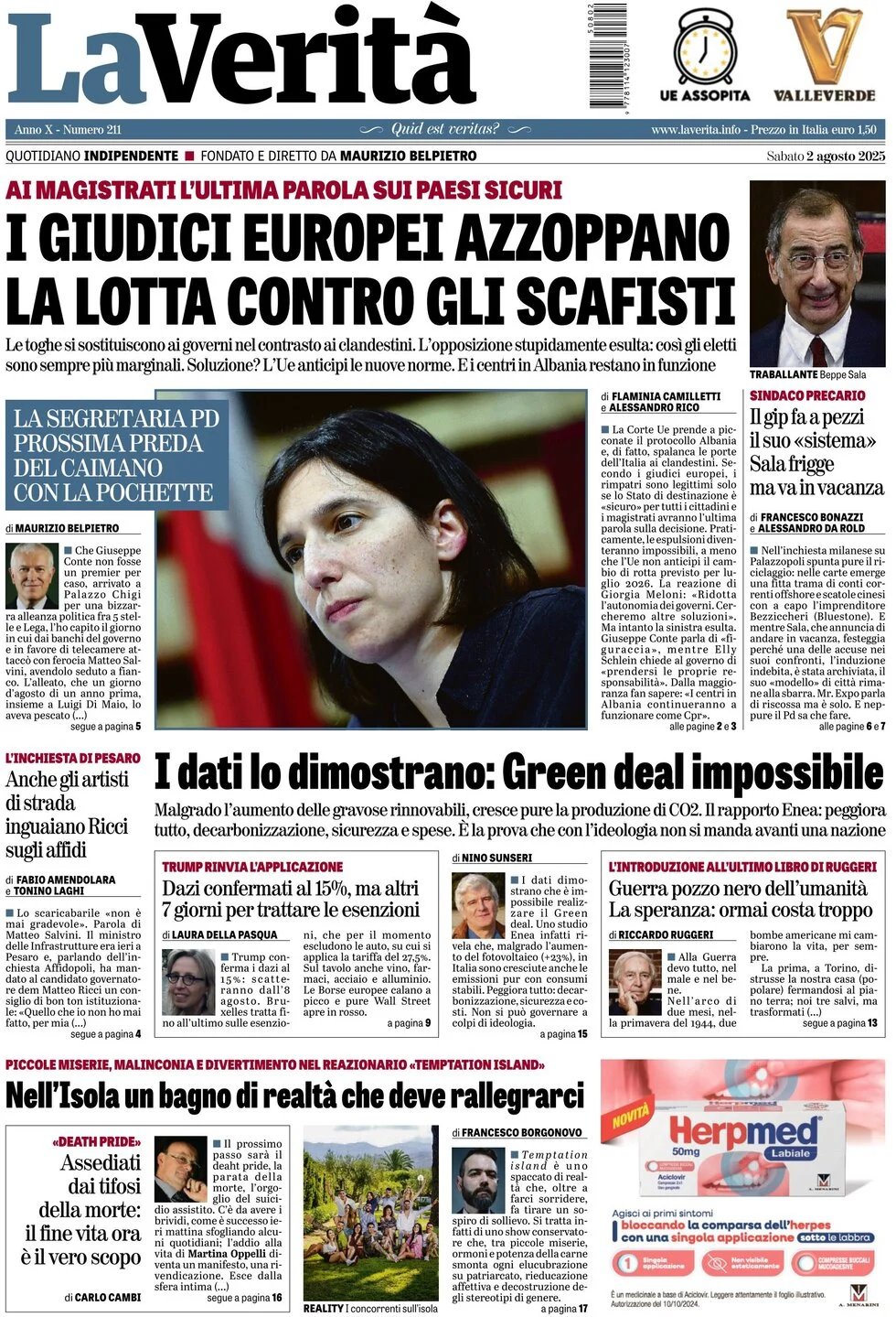 anteprima della prima pagina di la-verit del 02/08/2025