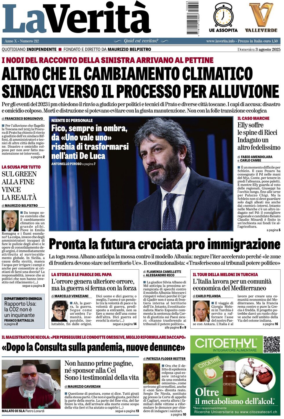 anteprima della prima pagina di la-verit del 03/08/2025