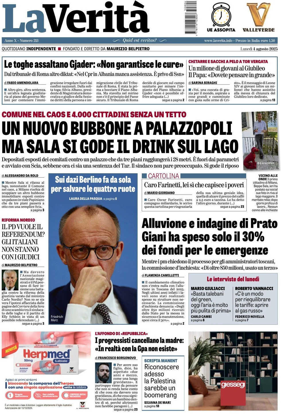 anteprima della prima pagina di la-verit del 04/08/2025