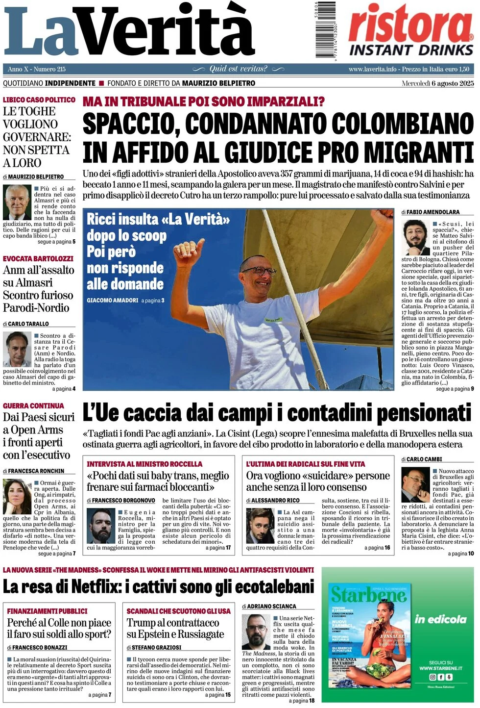 anteprima della prima pagina di la-verit del 06/08/2025