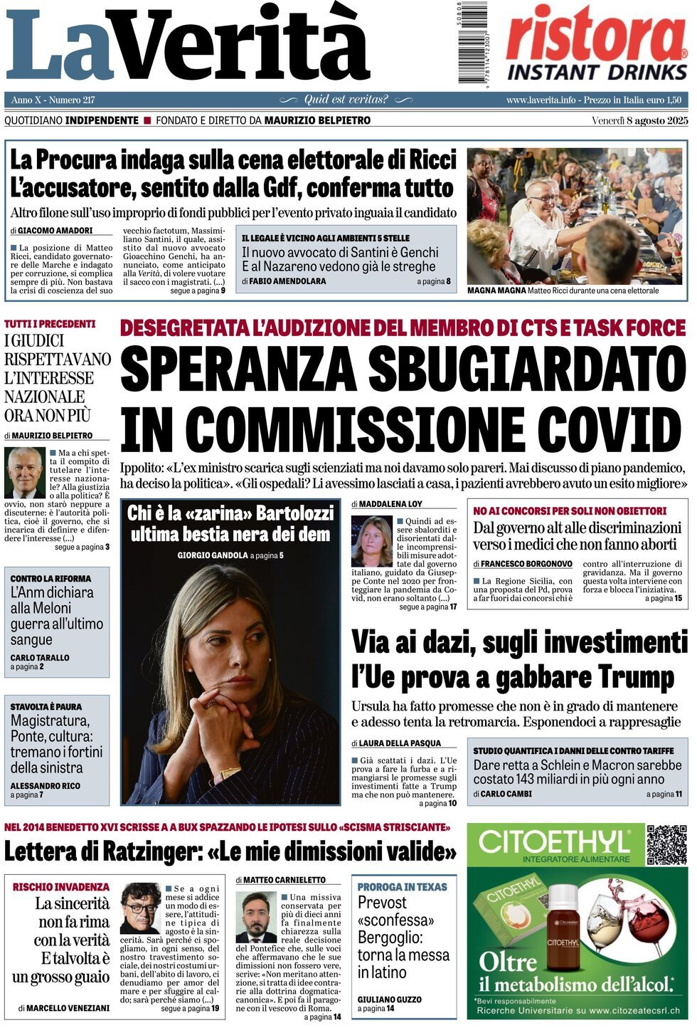 anteprima della prima pagina di la-verit del 08/08/2025
