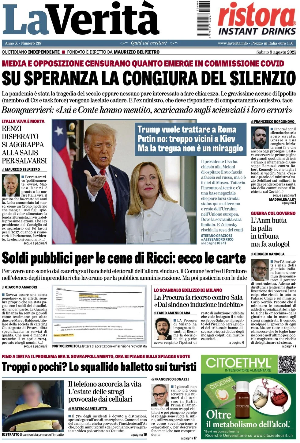 anteprima della prima pagina di la-verit del 09/08/2025