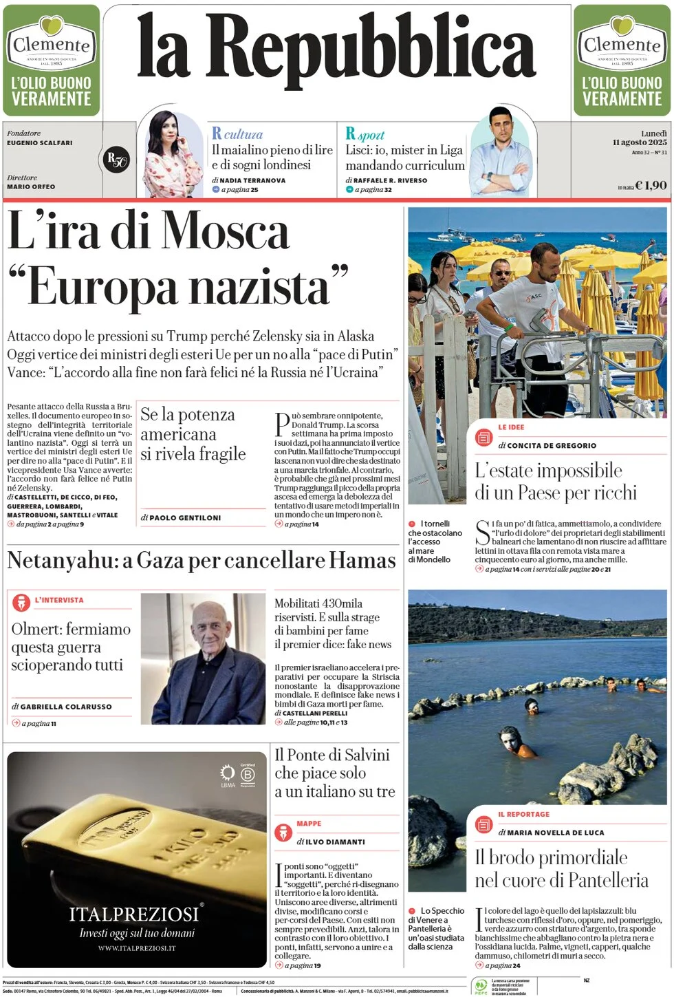 anteprima della prima pagina di La Repubblica