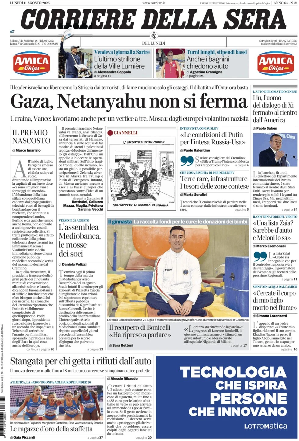 anteprima della prima pagina di Corriere della Sera