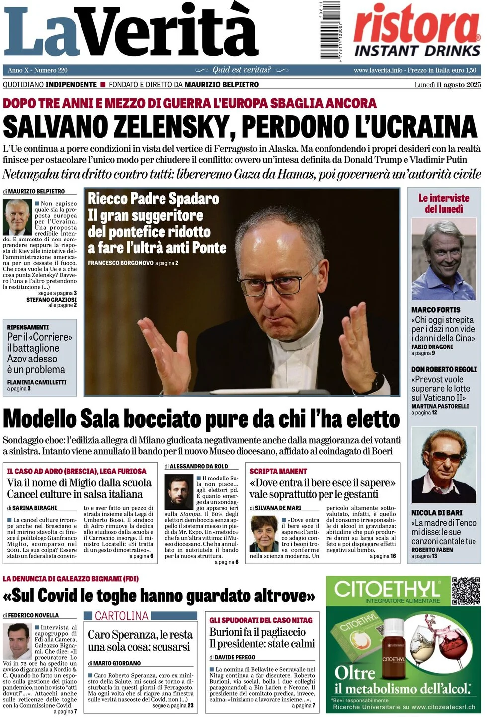 anteprima della prima pagina di La Verità