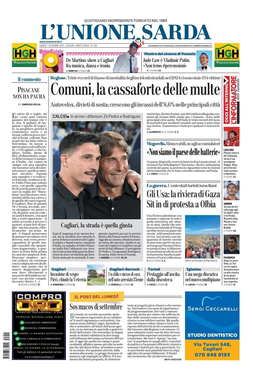 anteprima della prima pagina di L'Unione Sarda