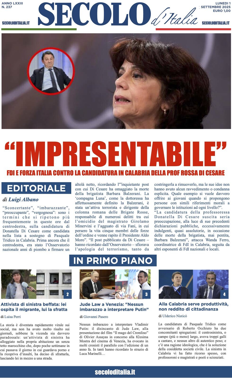 anteprima della prima pagina di Secolo d'Italia