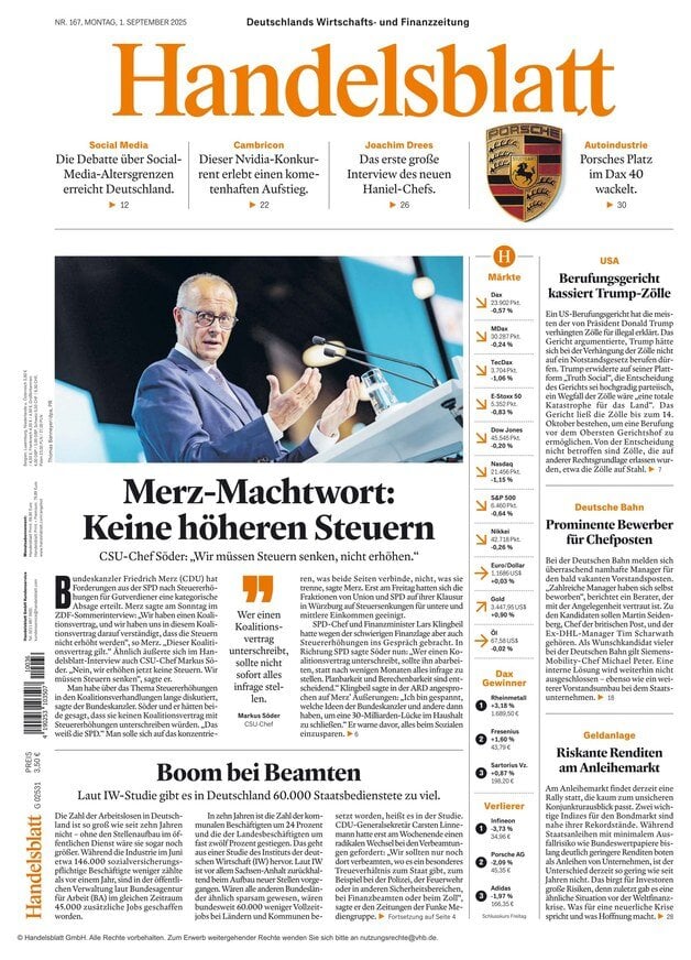 anteprima della prima pagina di Handelsblatt