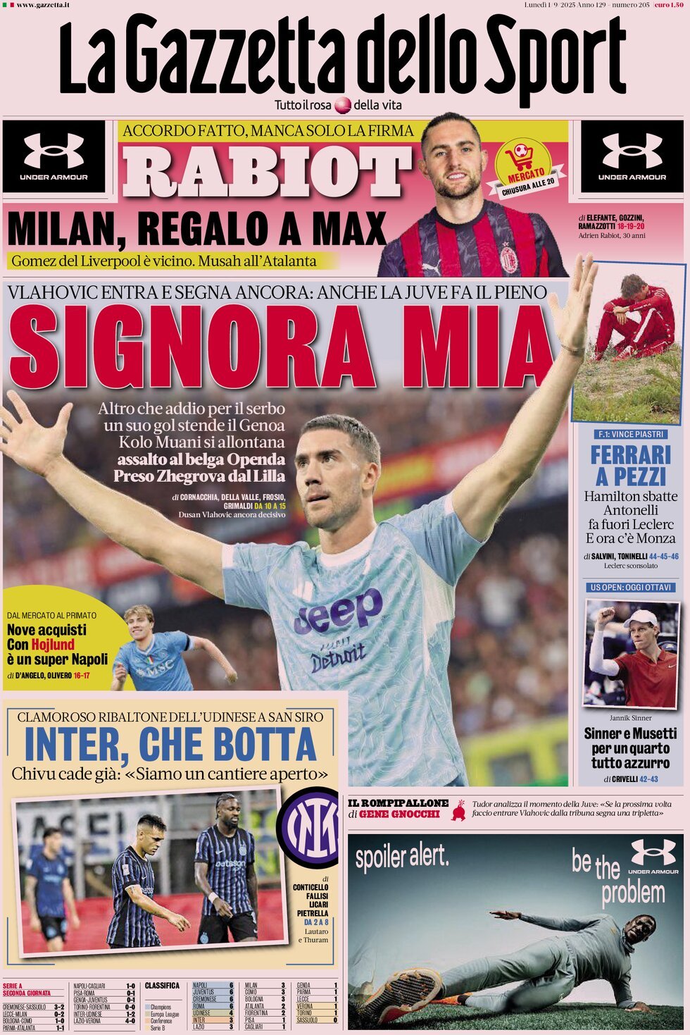 anteprima della prima pagina di La Gazzetta dello Sport