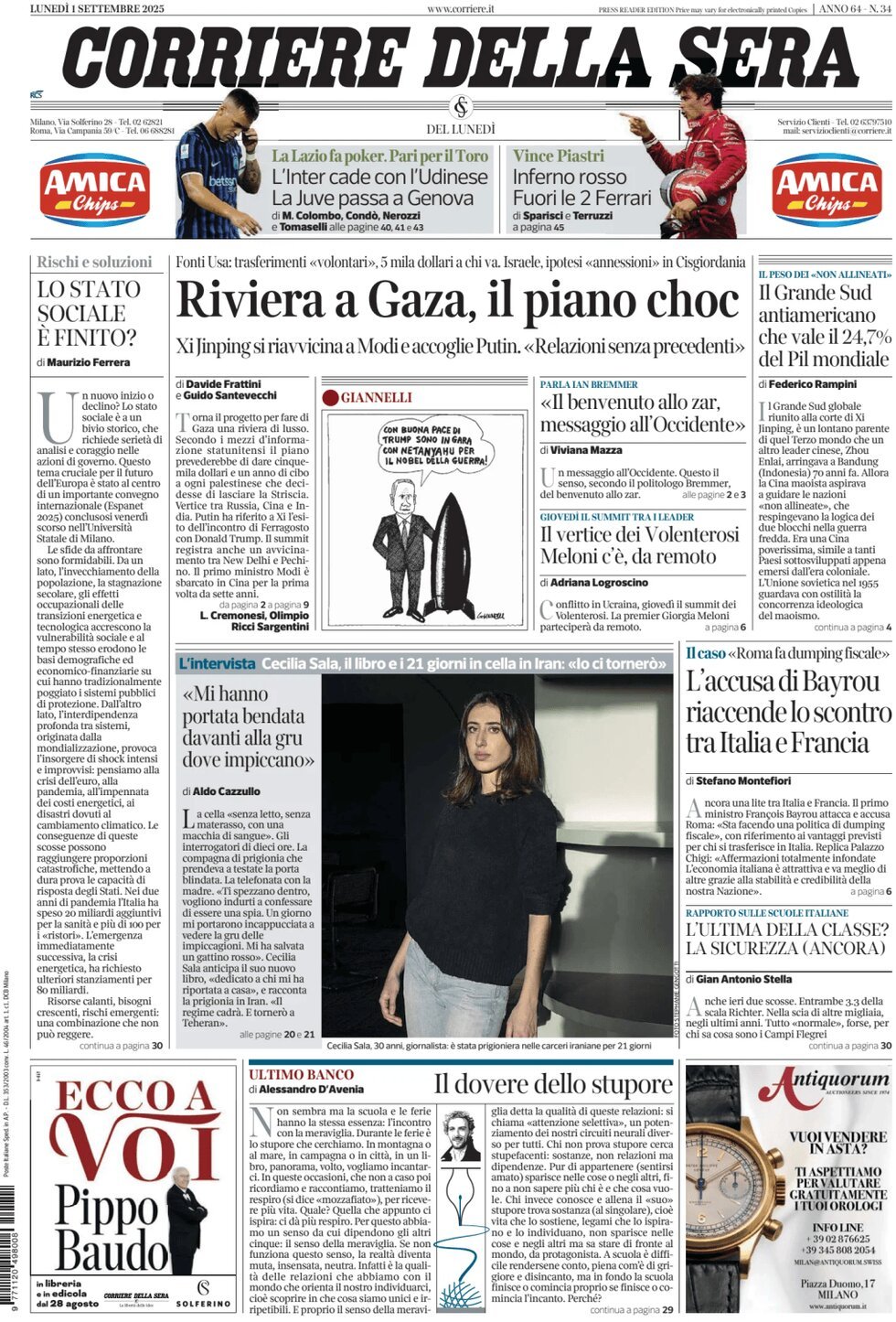 anteprima della prima pagina di Corriere della Sera
