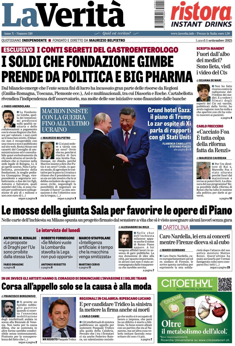 anteprima della prima pagina di La Verità
