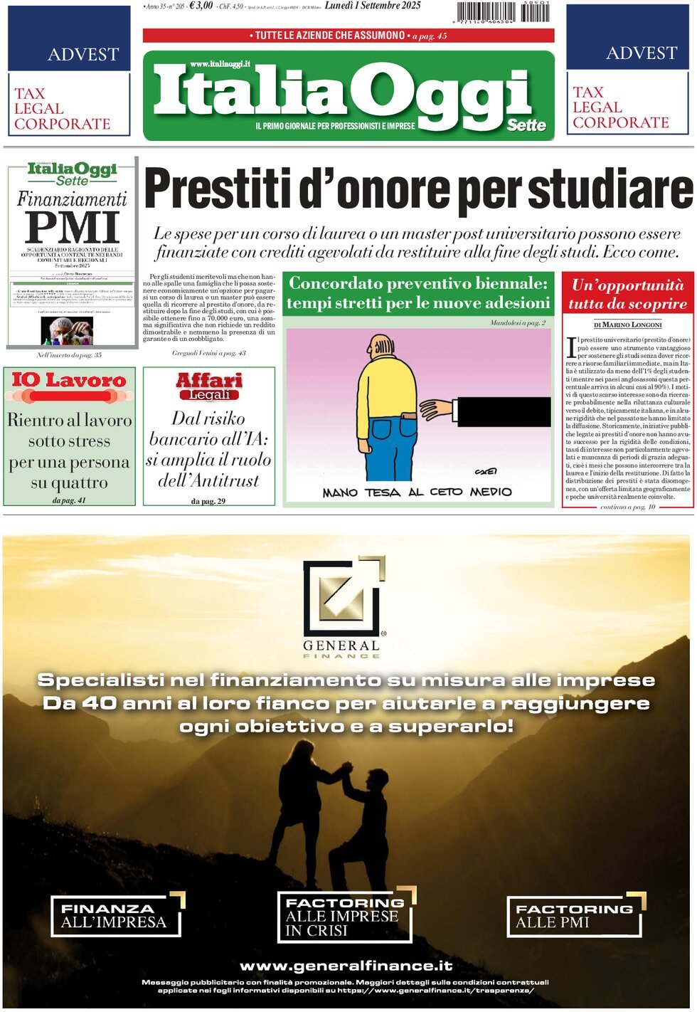 anteprima della prima pagina di ItaliaOggi