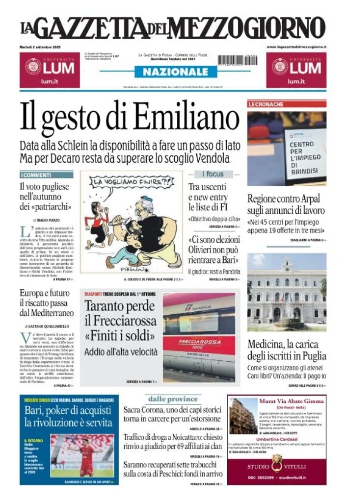 anteprima della prima pagina di La Gazzetta del Mezzogiorno (Bari)