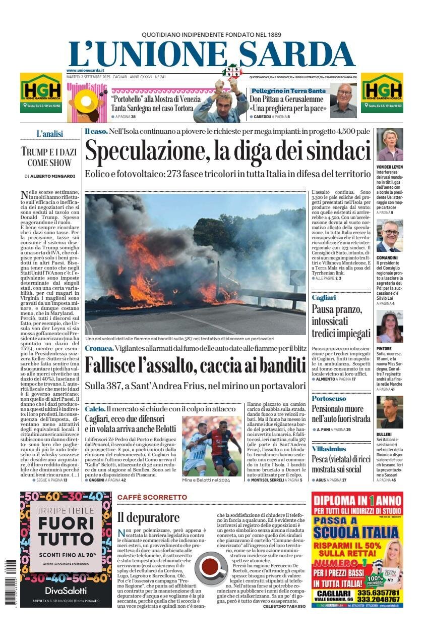 anteprima della prima pagina di L'Unione Sarda