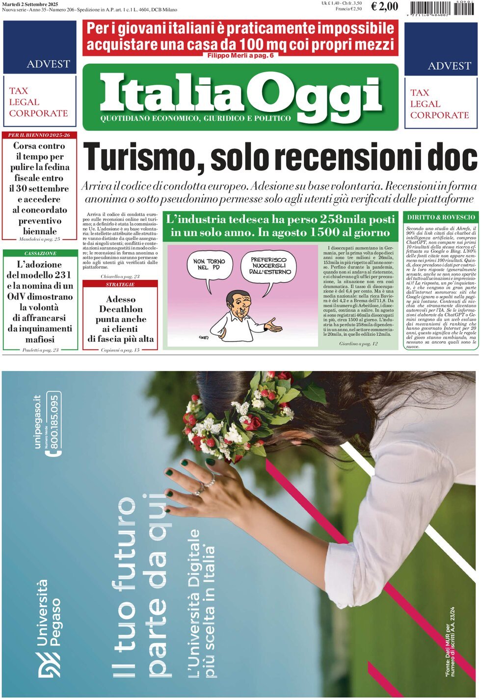 anteprima della prima pagina di ItaliaOggi