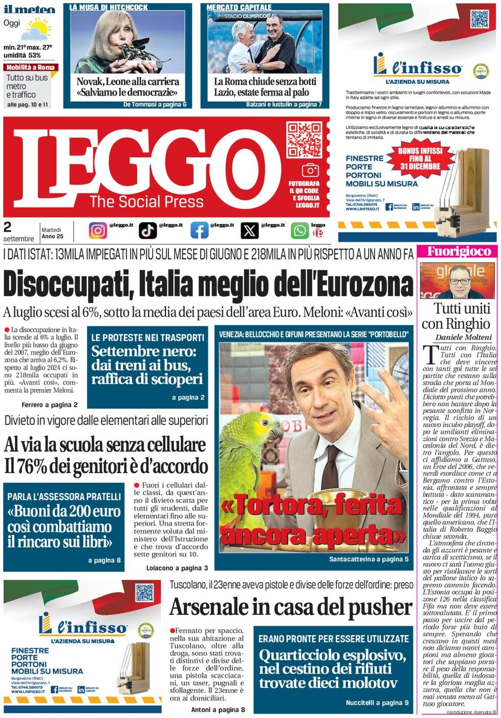 anteprima della prima pagina di Leggo (Roma)