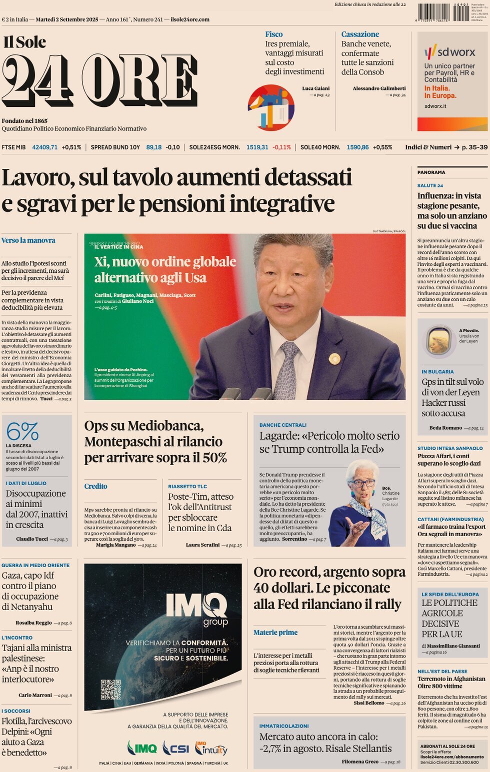 anteprima della prima pagina di Il Sole 24 Ore