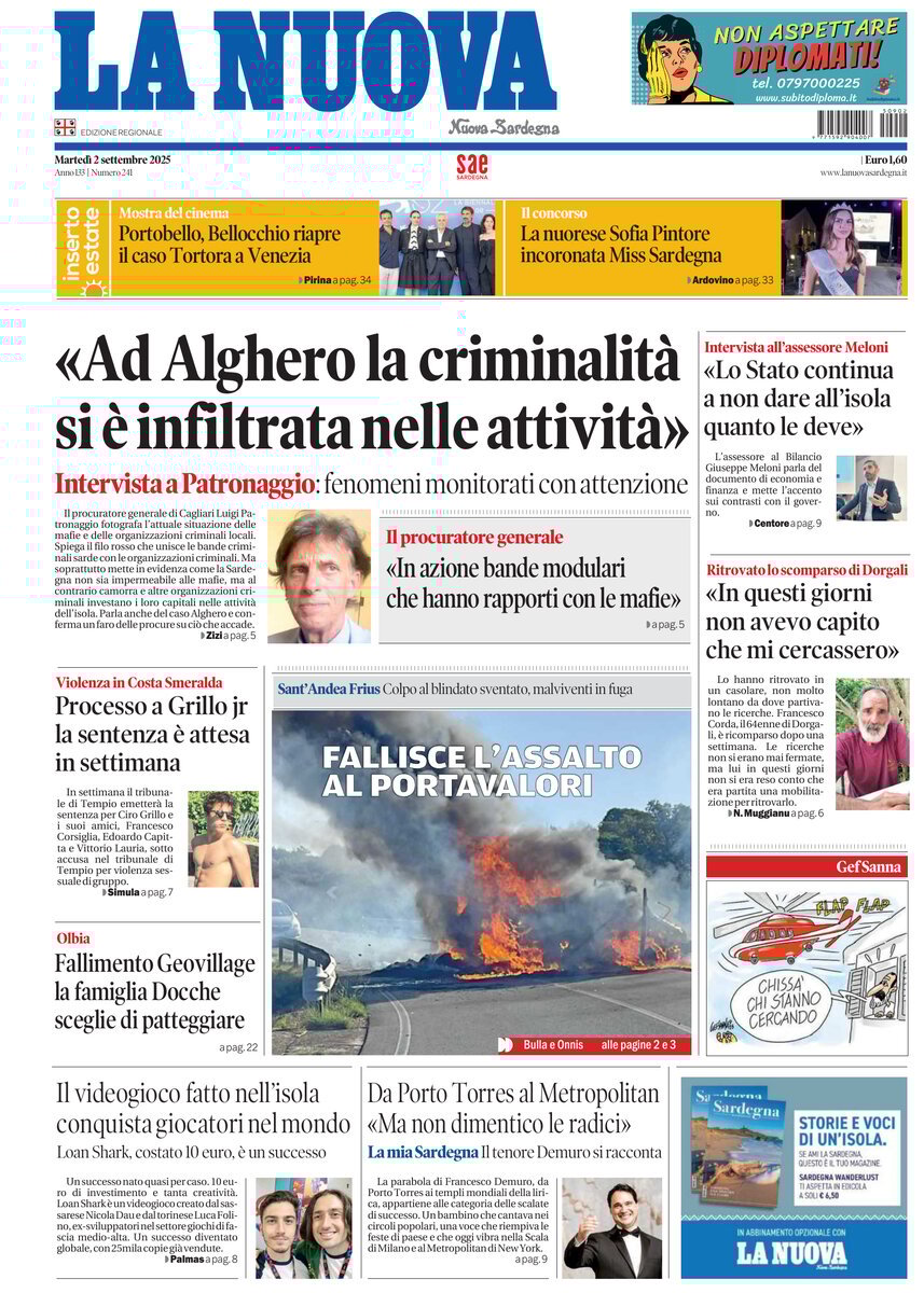 anteprima della prima pagina di La Nuova Sardegna