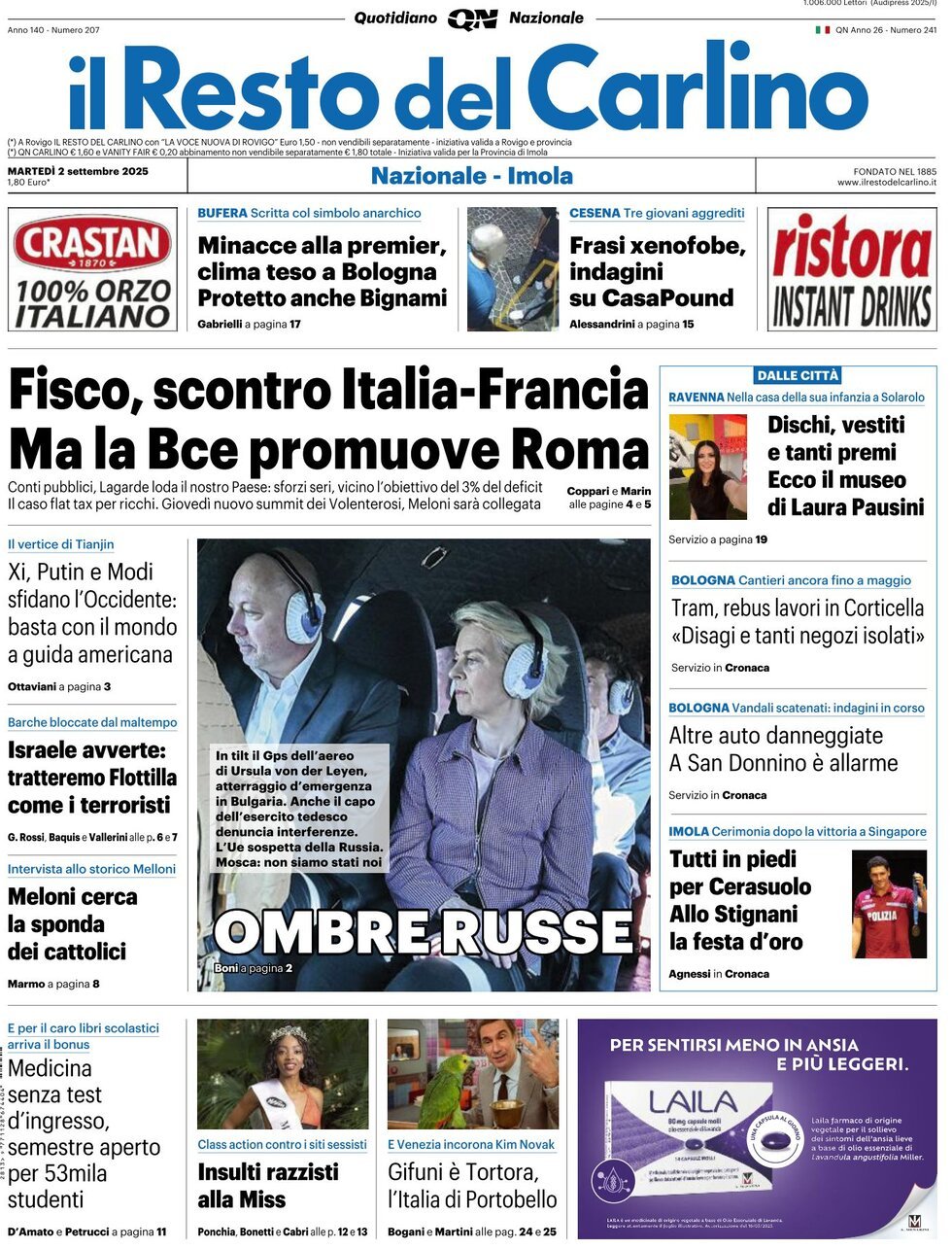 anteprima della prima pagina di Il Resto del Carlino