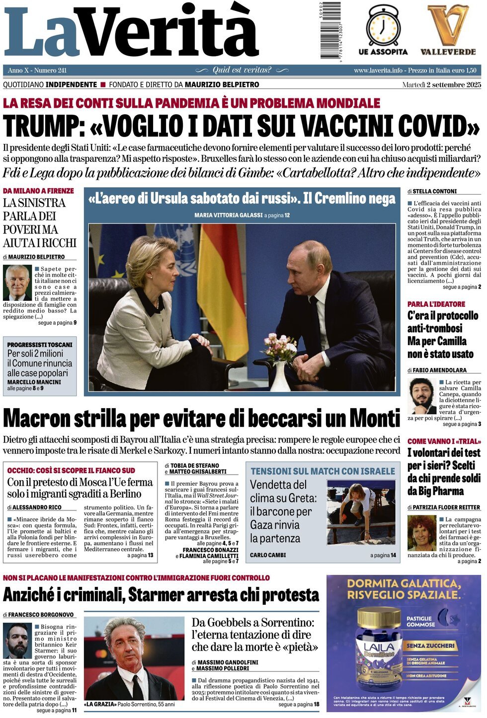anteprima della prima pagina di La Verità