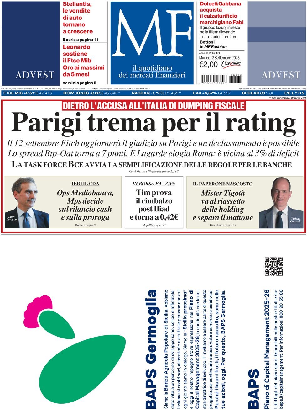 anteprima della prima pagina di MF Milano Finanza